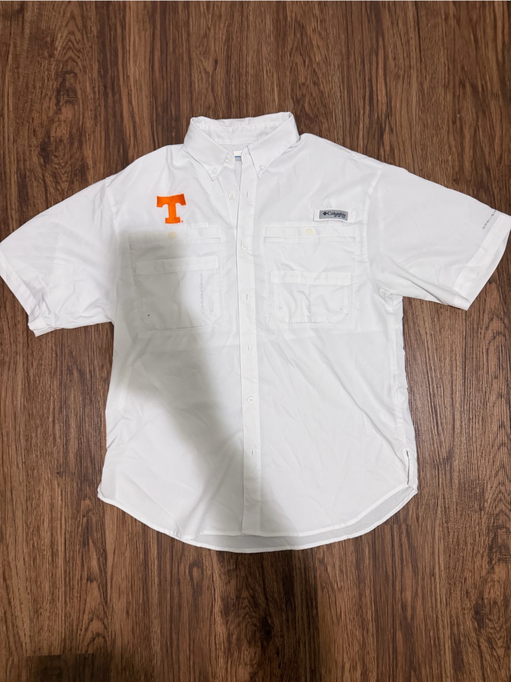 Columbia Men’s White Short-Sleeve Button-Down Shirt with Orange 'T' Patch